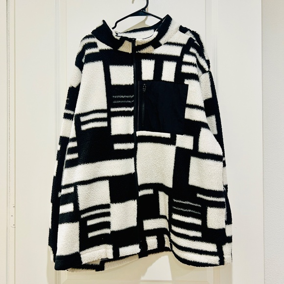 Men's Faux Sherpa fleece Sherling Trucker Jacket geometric streetwear Y2K 2XL - Picture 6 of 16